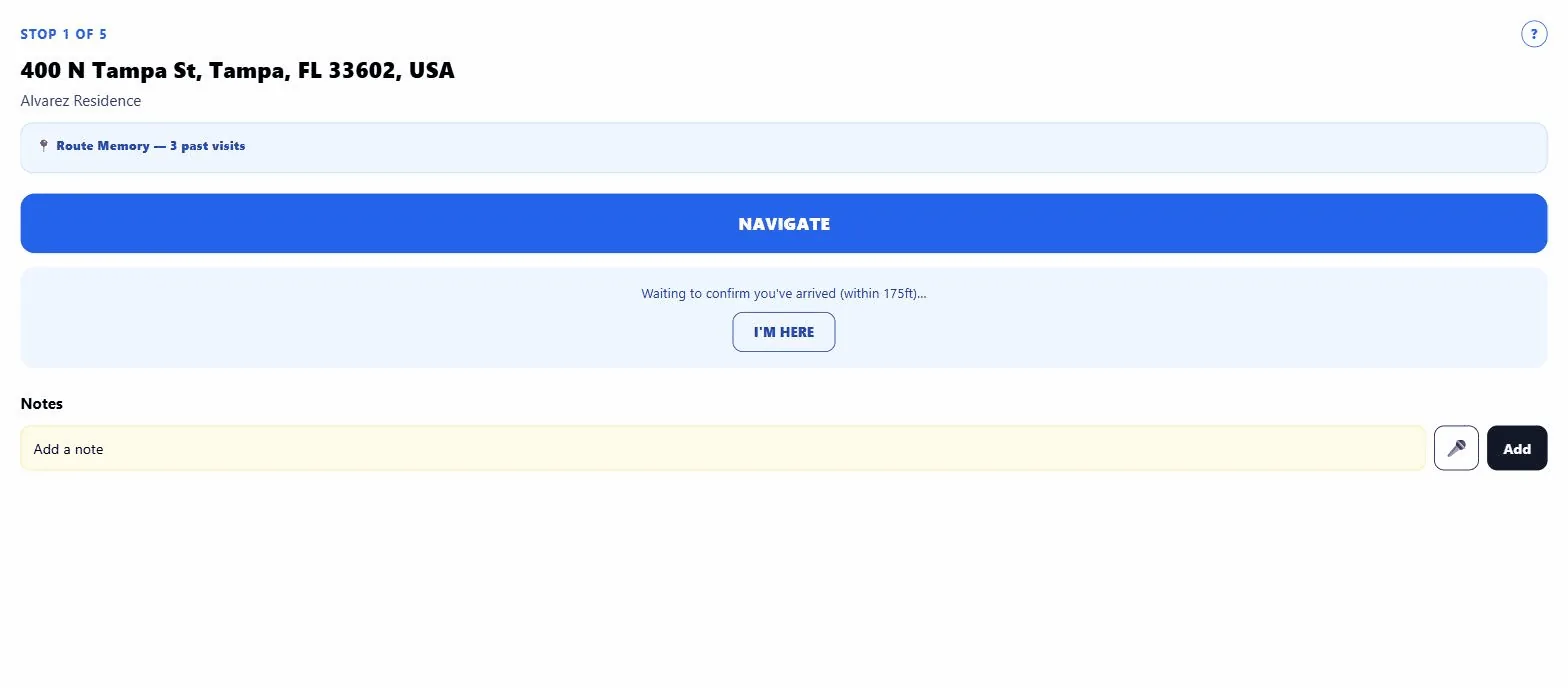 Stop screen with NAVIGATE button and automatic arrival detection