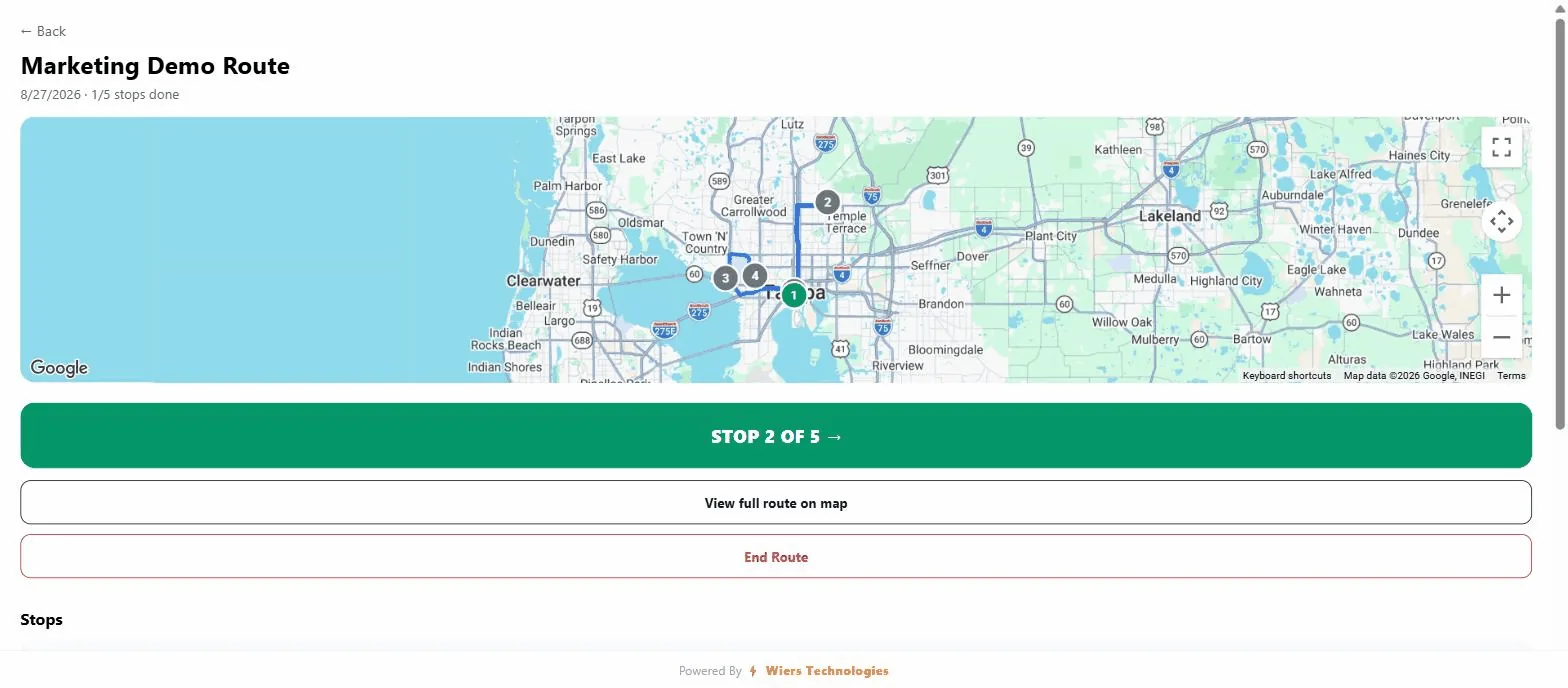 Route overview showing a completed stop and the next stop queued