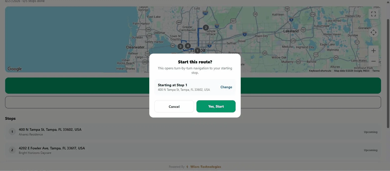 Route Maker Pro start-route confirmation over a live route map